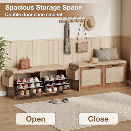 HOMMPA Shoe Storage Bench, Entryway Bench with Shoe Storage & 2 Flip Drawer & Seat Cushion, Rattan Hidden Shoe Rack Bench, Wooden Entry Way Shoe Cabinet for Hallway, Bedroom, Mudroom
