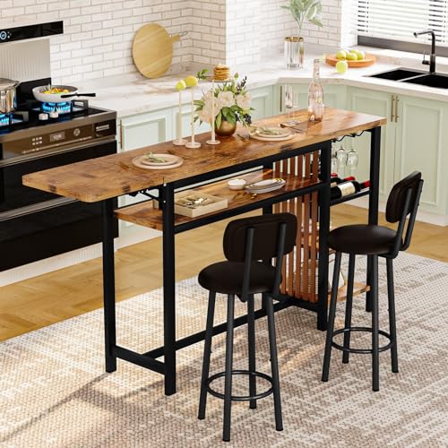 Recaceik 59" Bar Dining Table Set for 2, Bar Table and Chairs Set, Expandable Counter Height Dining Table Set, Small Kitchen Bar Table with Wine Racks & Storage, Breakfast Nook Set for Small Space - size: 59 inches