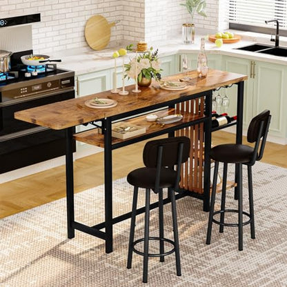 Recaceik 59" Bar Dining Table Set for 2, Bar Table and Chairs Set, Expandable Counter Height Dining Table Set, Small Kitchen Bar Table with Wine Racks & Storage, Breakfast Nook Set for Small Space - size: 59 inches
