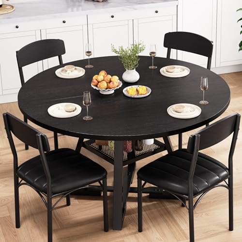 Round Dining Table Set for 4, Kitchen Table and Chairs for 4, Circle Table Round Pedestal Dining Room Dinner Dinette Table Set,5 Piece Space Saving Wood Kitchen & Dining Room Tables (Black, 42In) - color: Black