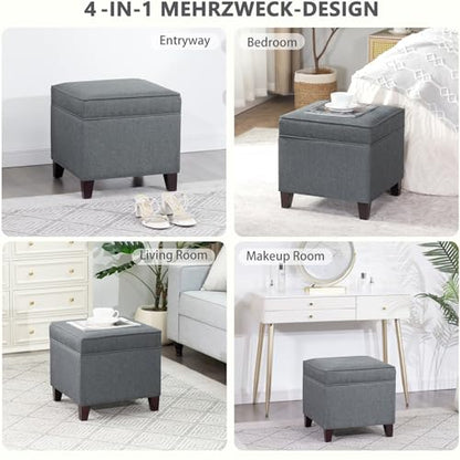 Linen Storage Ottoman with Wooden Legs, 17" Square Upholstered Footrest Stool, Extra Seat or Coffee Table for Living Room, Bedroom, Entryway, Dark Grey - color: Dark Grey