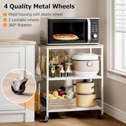 Homleke 3-Tier Rolling Kitchen Microwave Cart, Utility Cart | with Lockable Wheels Coffee Bar Table Station with 6 Hooks, Small Appliance Storage Shelf, White and Natural - color: White and Natural