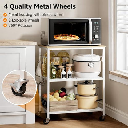 Homleke 3-Tier Rolling Kitchen Microwave Cart, Utility Cart | with Lockable Wheels Coffee Bar Table Station with 6 Hooks, Small Appliance Storage Shelf, White and Natural - color: White and Natural