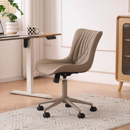 YOUTASTE All Khaki Office Chair, Modern Armless Desk Chair with Back, Adjustable Swivel Rolling Faux Leather Task Chair with Wheels Metal Base for Home Office, Study, or Vanity - color: All Khaki