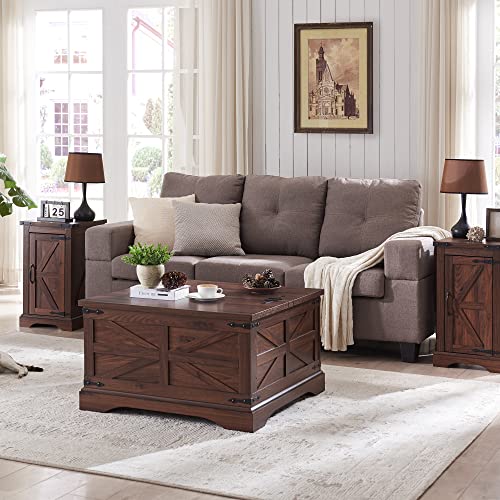 Farmhouse 17" Nightstand with Charging Station, Black | Rectangular/ Rustic End Table with Barn Door /Adjustable Shelf/ Wood Sofa Side Table/ for Living Room, Bedroom - color: Brown Color