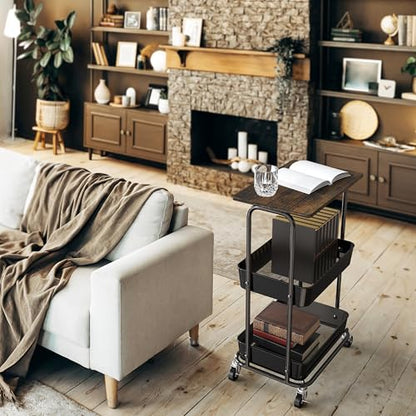 Simple Houseware 2-Tier Utility Cart Wood Top/Lockable Wheel, Rustic Brown | 2-Tier Metal Storage Organizer Trolley for Kitchen, Bathroom, Office, Craft Room - color: Rustic Brown