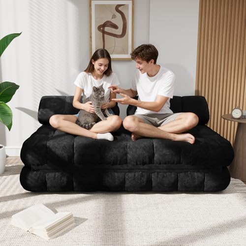 59.1" 3-in-1 Convertible Sofa Bed with Pillows - Black, Full | Folding Loveseat Sleeper Chair, Portable Fold Out Boneless Couch Lounge, Comfy Velvet Floor Mattress for Living Room Bedroom - color: Black, size: Full