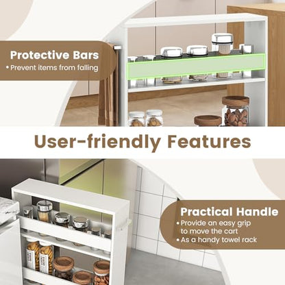 MAT EXPERT Slim Rolling Storage Cart, 4-Tier Freestanding Slim Storage Cart with Wheels 360 Degree & Metal Handle, Wooden Utility Cart for Narrow Kitchen, Laundry Room, Bathroom (Plain White) - color: Plain White
