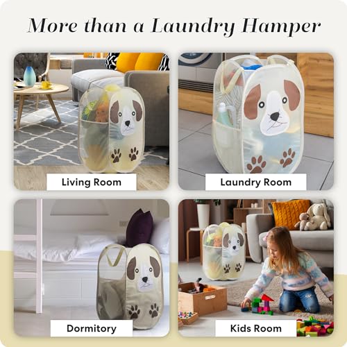 Pop Up Laundry Hamper, Cute Puppy 71L Collapsible Mesh Basket with Handles | Collapsible Mesh Pop Up Hamper, Wide Opening, Side Pocket, Breathable, Sturdy, Foldable, Space-Saving for Clothes Storage - color: Puppy