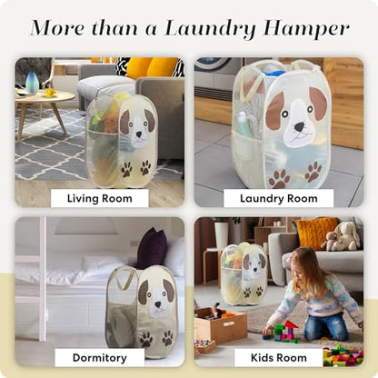 Pop Up Laundry Hamper, Cute Puppy 71L Collapsible Mesh Basket with Handles | Collapsible Mesh Pop Up Hamper, Wide Opening, Side Pocket, Breathable, Sturdy, Foldable, Space-Saving for Clothes Storage - color: Puppy