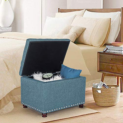 Adeco Rectangular Storage Ottoman Foot Rest Stool, Fabric Button Tufted Storage Ottoman with Hinged Lid (Cyan) - color: Cyan
