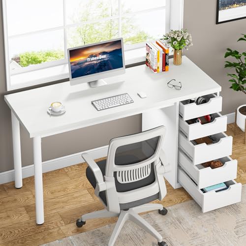 Tribesigns Computer Desk with 5 Drawers, 47 inches Rustic Brown Home Office Desk with Storage, Modern Simple Laptop Desk Study Writing Table for Small Spaces (1, White) - color: White