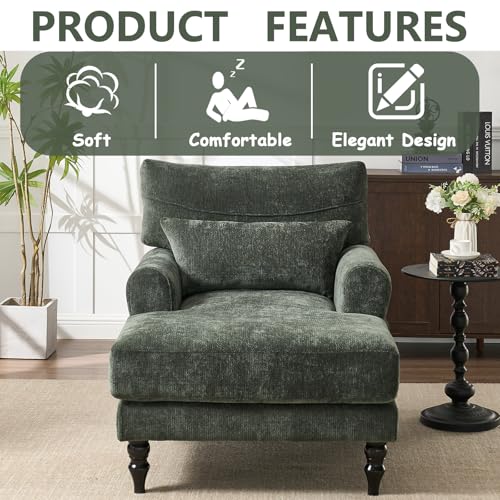 Chaise Lounge Chair Indoor Bedroom, Comfy Lounge Chair with Wide Armrest & Backrest for Small Space, Thick Cushion, High-Density Foam, Waist Pillow, Chenille (Green) - color: Green