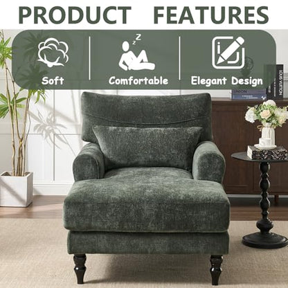 Chaise Lounge Chair Indoor Bedroom, Comfy Lounge Chair with Wide Armrest & Backrest for Small Space, Thick Cushion, High-Density Foam, Waist Pillow, Chenille (Green) - color: Green