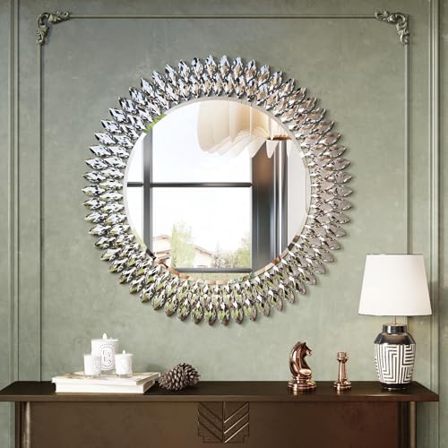 Kelly Miller 28" Jeweled Luxury Round Decorative Wall Mirror | Elegant diamond beveled vanity mirror. Perfect wall mirror for living room, bedroom, entryway. - size: 28"L x 28"W