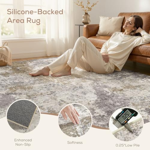 Nakagishi 5X7 Abstract Washable Area Rugs for Living Room-Brown Grey | Modern Non-Slip Silicone Backing Low Pile Soft Carpet for Bedroom Dining Decor for Families with Kids and Pets - color: Dark Brown, size: 5' x 7' (Rectangular)