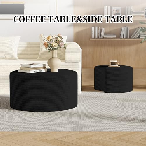 Round Nesting Coffee Table Set of 2,Upholstered Foam Ottoman Footrest Side Table Set,Modern Flannel Circle Coffee Table No Assembly for Living Room Entryway Bedroom,Black - color: Black
