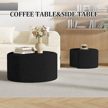 Round Nesting Coffee Table Set of 2,Upholstered Foam Ottoman Footrest Side Table Set,Modern Flannel Circle Coffee Table No Assembly for Living Room Entryway Bedroom,Black - color: Black