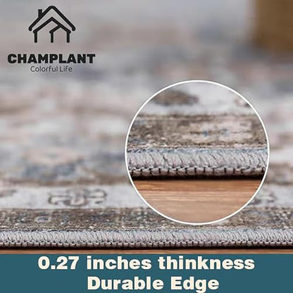 CHAMPLANT Washable Area Rug 8'x10' Blue Khaki Retro Boho Design Non-Shedding Non-Slip Easy Care Ideal for High Traffic Areas in Living Room Bedroom Office Coffee Table Kitchen Large Carpet - color: Blue Khaki, size: 8' x 10' (Rectangular)