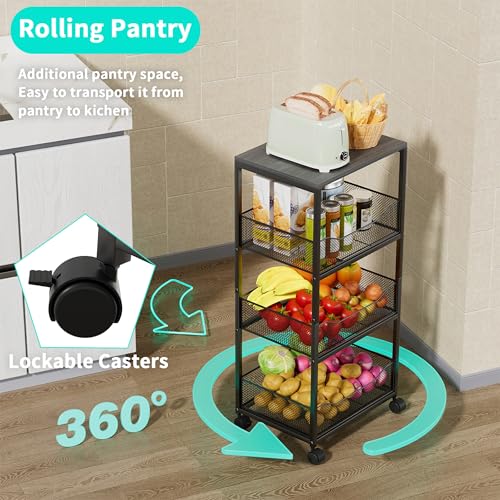 HapiRm Fruit Basket Kitchen Cart - 4-Tier Rolling Storage Cart with Wheels, Fruit Vegetable Basket with Wood Top, Pantry Utility Kitchen Organizer for Fruit Potato Onion Vegetable Bread Snack - color: Grey