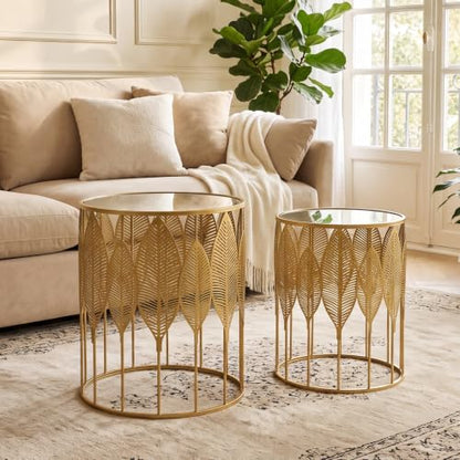 Homebeez Gold Nesting Tables Set of 2, Stainless Steel Top Round End Table | with Glam Leaf Design for Living Room & Bedroom, No Assembly Required - color: Gold Leaf