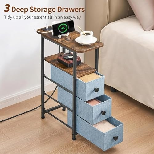Narrow End Table with Charging Station, Narrow Side Table with Drawer, Small Nightstand with LED Light, Skinny Nightstand, Small Bedside Table for Living Room, Grey - color: Grey, size: 7.9" W x 18.9" D, style: Power + Light