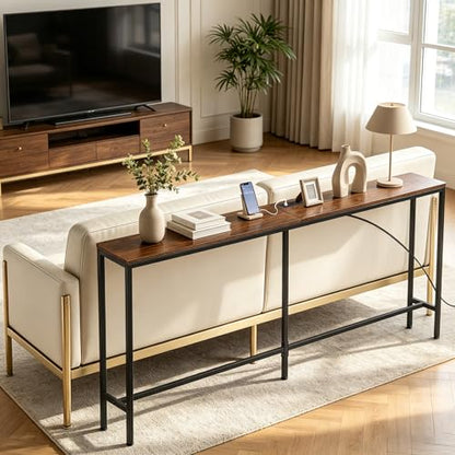 SUPER DEAL 70.8 Inch Narrow Console Table with Power Outlet, Industrial Long Sofa Table with USB Ports Behind Couch Table for Entryway, Hallway, Foyer, Living Room, Rustic Brown