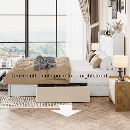 SHA CERLIN Full Bed Frame, Storage Headboard with Drawers, Charging, White | Velvet Upholstered Bed, Modern Wingback Headboard, 3 Drawers, USB Charging Station, No Box Spring Needed, Easy Assembly - color: White, size: Full