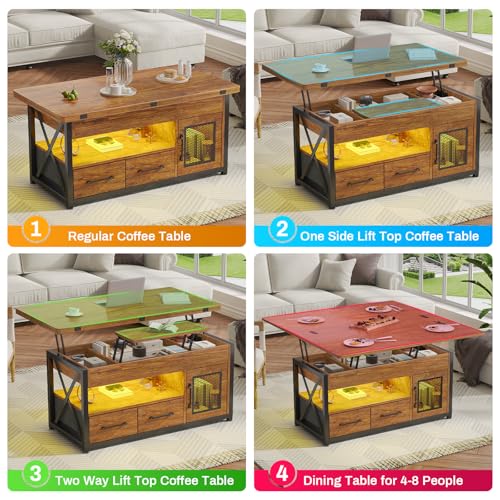 Itaar 40" Lift Top Coffee Table with Storage for Living Room, 4 in 1 Table | Rustic Brown LED Expandable Coffee Table with 2 Fabric Drawers & LED Light & Hidden Compartmen for Dining Living Room Table - color: Rustic Brown