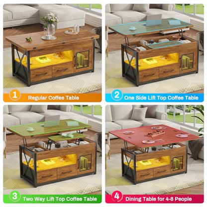Itaar 40" Lift Top Coffee Table with Storage for Living Room, 4 in 1 Table | Rustic Brown LED Expandable Coffee Table with 2 Fabric Drawers & LED Light & Hidden Compartmen for Dining Living Room Table - color: Rustic Brown