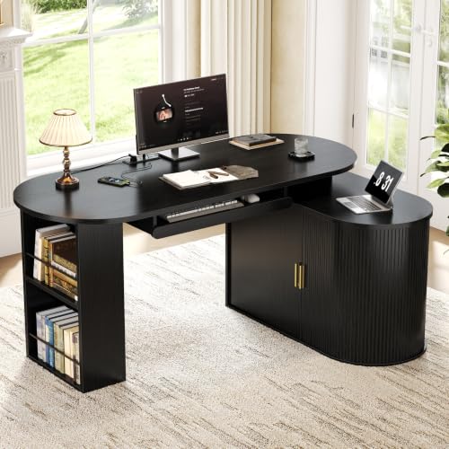 HSH Black L Shaped Office Desk with Storage Cabinet for Home Oak 60 Inch | Executive Woood Fluted Computer Desk with Keyboard Tray and Open Shelves Modern Reversible Mcm Large Swivel Table - color: Black Oak