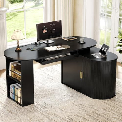 HSH Black L Shaped Office Desk with Storage Cabinet for Home Oak 60 Inch | Executive Woood Fluted Computer Desk with Keyboard Tray and Open Shelves Modern Reversible Mcm Large Swivel Table - color: Black Oak