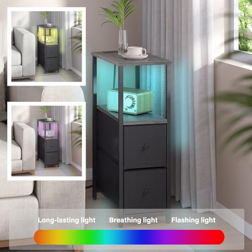 TUTOTAK Narrow LED End Table with Charging Station, Skinny Side Table | Bedside Table with Outlets, Nightstand with 2 Cloth Drawers, Couch Table for Living Room, Bedroom, Charcoal Grey TB01BY056 - color: Charcoal Grey, style: 2 Drawers with Plug & Light