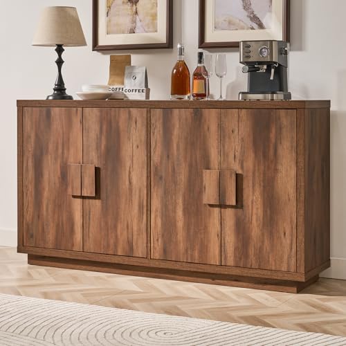 63" Sideboard Buffet Cabinet, Wooden Kitchen Coffee Bar, Brown | 4 Doors & Shelves, Ample Storage, Anti-Tip Fixation Design, Credenza Storage for Living Room, Hallway (63" Wide) - color: Brown