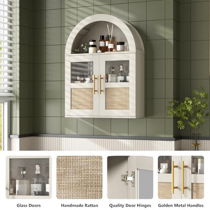 RUSTOWN Arched Bathroom Wall Cabinet with 2 Glass & Rattan Doors | Rattan Medicine Cabinet, Farmhouse Over the Toilet Storage Cabinet, Adjustable Shelves, 3-Tier Wall Mounted Cabinets - color: Rustic White