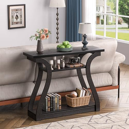 Wood Console Table, 3-Tier Accent Sofa Table (Black) | 47" Entry Table with Curved Legs, 3-tier Shelf Modern Accent Sofa Table for Entrance Area, Living room, Hallway - color: Black