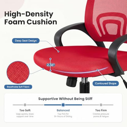DUMOS Ergonomic Home Office Chair, Executive Mesh Desk Chair | Height Adjustable, Lumbar Support, Breathable Mid Backrest, Fixed Armrest, Rolling Wheels, Computer Gaming, Meeting, Red - color: Red