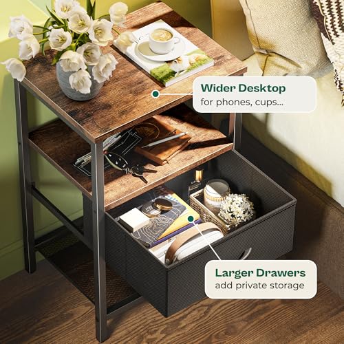 Huuger Night Stand with Fabric Drawer, Side Table with Mesh Shelf, Bedroom Nightstand, Fabric Drawer Dresser, Open Shelf, Metal Frame, Couch Side, Rustic Brown and Black | Bedroom Nightstand, Fabric Drawer Dresser, Open Shelf, Metal Frame, Couch Side, Rus