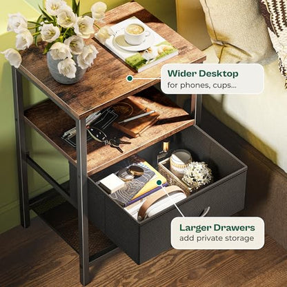 Huuger Night Stand with Fabric Drawer, Side Table with Mesh Shelf, Bedroom Nightstand, Fabric Drawer Dresser, Open Shelf, Metal Frame, Couch Side, Rustic Brown and Black | Bedroom Nightstand, Fabric Drawer Dresser, Open Shelf, Metal Frame, Couch Side, Rus