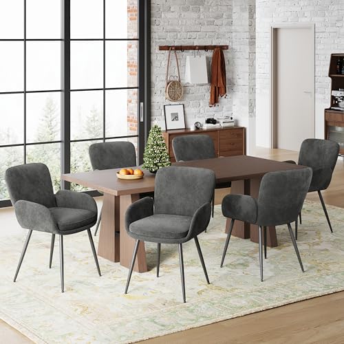 VKNOW Modern Upholstered Dining Chairs Set of 6 with Armrest, Dark Grey | Armed Dining Room Chairs with Metal Legs, Kitchen Chairs for Restaurant Kitchen Living Room - color: Dark Grey, size: Set of 6