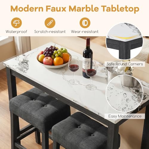 COSTWAY 3-Piece Wooden Bar Table Set with Charging Station | Modern Counter Height Table, Faux Marble Top, 2 Padded Stools, Console Table Set for Living Room, Kitchen, Dining Room, White - color: White