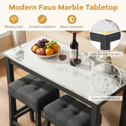 COSTWAY 3-Piece Wooden Bar Table Set with Charging Station | Modern Counter Height Table, Faux Marble Top, 2 Padded Stools, Console Table Set for Living Room, Kitchen, Dining Room, White - color: White
