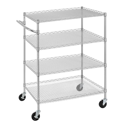 Finnhomy 4 Tier Heavy Duty Commercial Grade Rolling Cart with Handle Bar, Metal Wire Utility Cart with Wheels, Service Trolley on Wheels, Shelf Size 24" D x 36" W, NSF, Chrome - size: 36"L x 24"W x 46.7"H-4 Tier, style: Chrome Cart