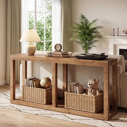 70.9" Solid Wood Console Table, Entryway Table, Sofa Tables | Farmhouse Style, 2-Tier Storage, Narrow Long Design, For Living Room, Hallway, Entrance, Brown