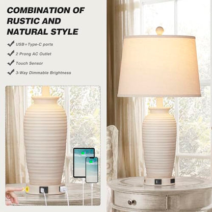 CINSARY 24.3" Farmhouse Jar Table Lamps Set of 2, 3 Way Touch Control Rustic Bedside Lamps with USB A+C Ports & AC Outlet, Pot Nightstand Lamps for Bedroom Living Room (LED Bulbs Included) - color: Cream
