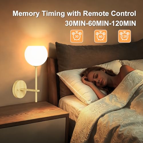 Wood Grain Battery Operated Wall Sconces Set of 2, Rechargeable Wireless Wall Lights with Milky White Frosted Glass, 12 RGB and 3CCT Dimmable Wall Lamps with Remote for Bedroom Living Room Hallway - color: Wood Grain
