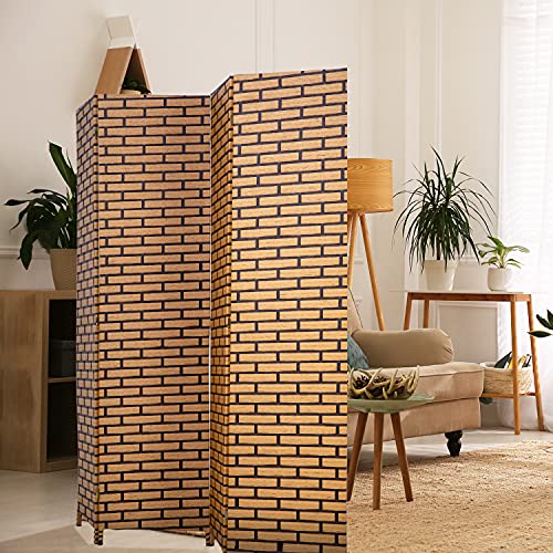 Room Divider Wood Screen 4 Panel Wood Mesh Woven Design Room Screen Divider Folding Portable Partition Screen Screen Wood for Home Office (Brick) - color: Brick, size: 4 Panel