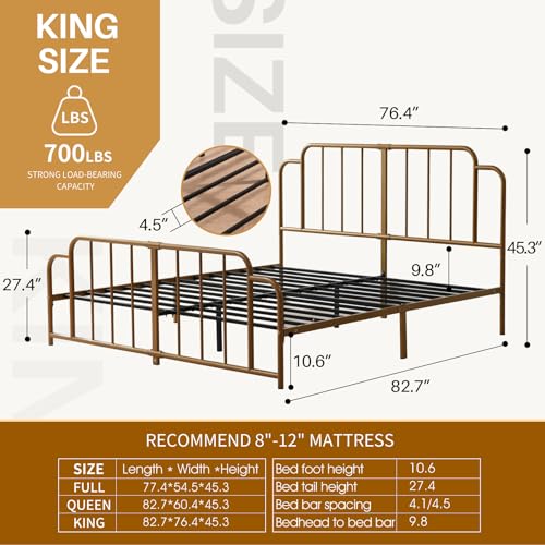 PINJU Metal Platform Bed Frame with Headboard and Footboard, Classic Style, Sturdy Metal Slats, No Box Spring Needed, Easy Installation (Gold, King) - color: Gold, size: King