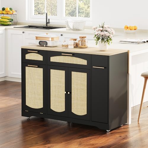 Garvee Rolling Kitchen Island Table on Wheels with Drop Leaf, Tilt Out Trash Can Cabinet, Storage Cabinet, Drawer, Spice Rack, Kitchen Cart, 53.1" Wide, Black - color: Black