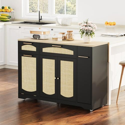 Garvee Rolling Kitchen Island Table on Wheels with Drop Leaf, Tilt Out Trash Can Cabinet, Storage Cabinet, Drawer, Spice Rack, Kitchen Cart, 53.1" Wide, Black - color: Black